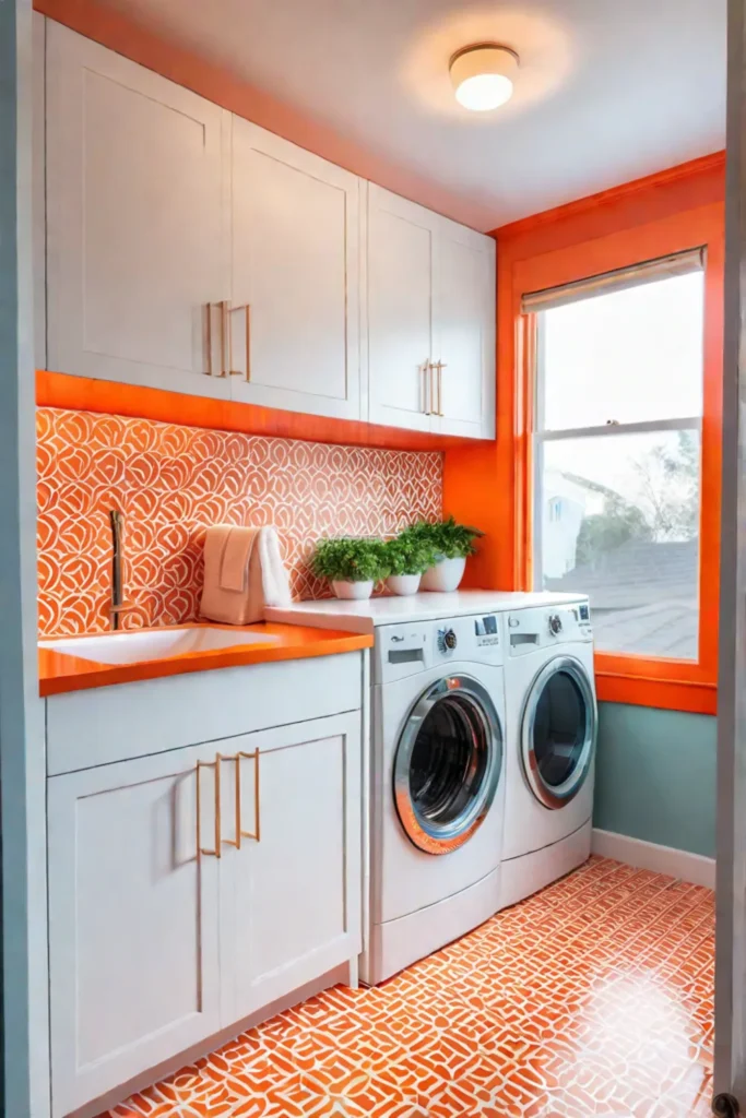 Midcentury modern laundry room with vibrant colors and geometric patterns