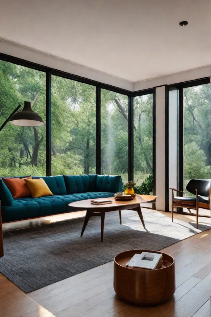 Midcentury modern living room with iconic furniture and pops of color