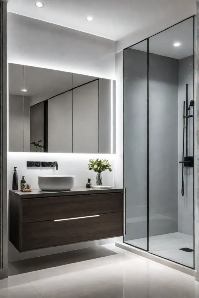 Minimalist bathroom with clean lines and backlit mirror