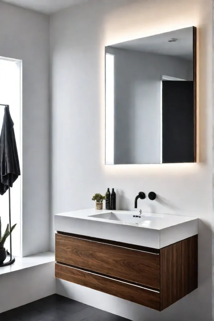 Minimalist bathroom with white walls and floating vanity