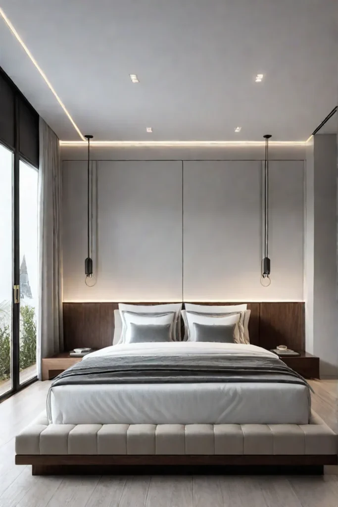 Minimalist bedroom with a platform bed defining the sleeping zone