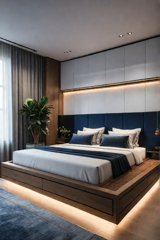 Minimalist bedroom with platform bed and organized storage
