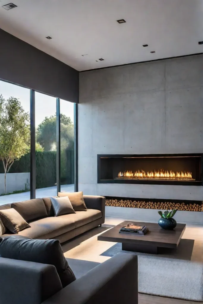 Minimalist living room with linear gas fireplace and concrete wall