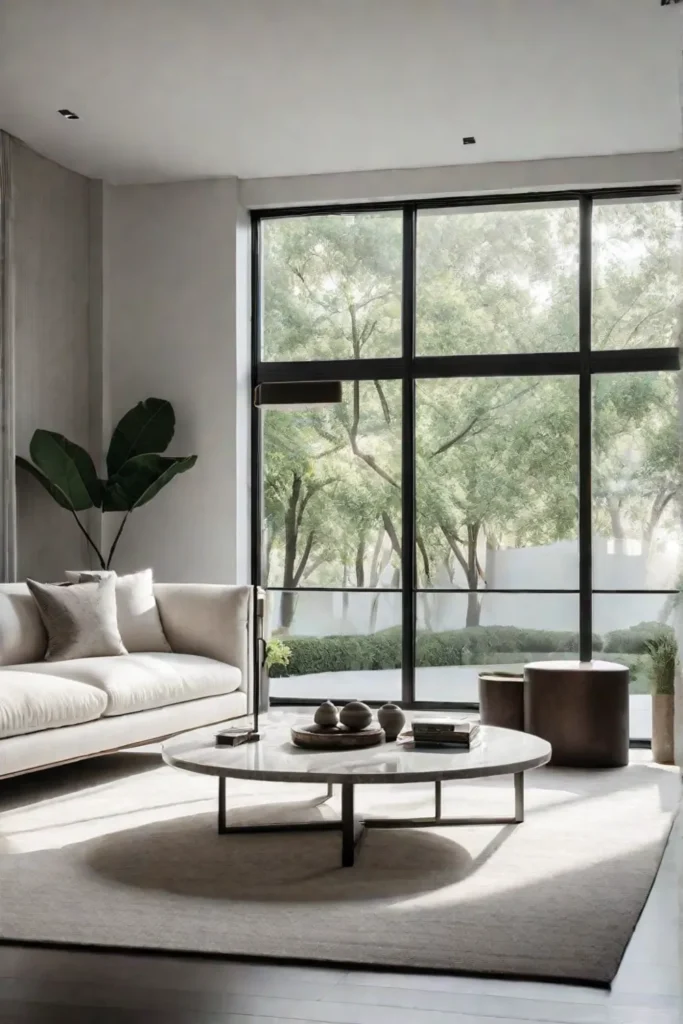 Minimalist living room with linen sofa and statement vase