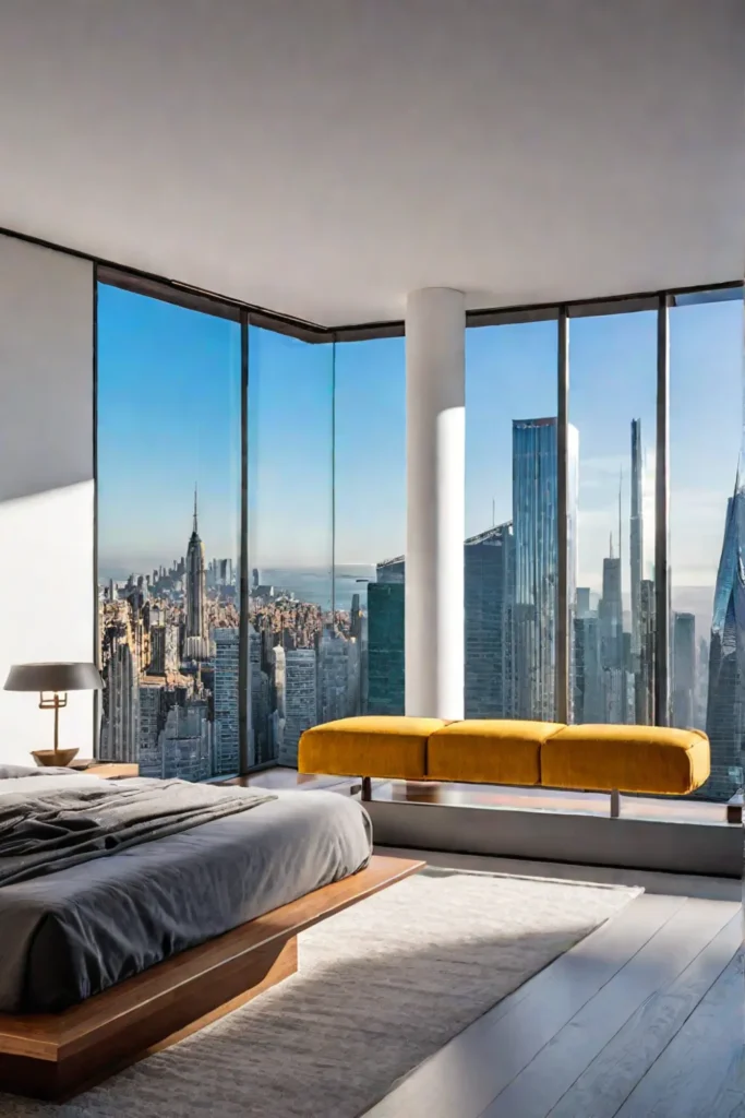 Minimalist modern bedroom with builtin storage and city view
