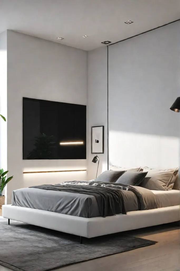 Minimalist modern bedroom with cleanlined bed and builtin headboard