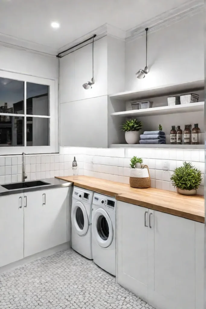Minimalist apartment laundry room with subway tiles and stainless steel