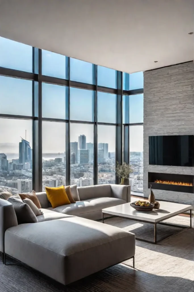 Minimalist living room with city view