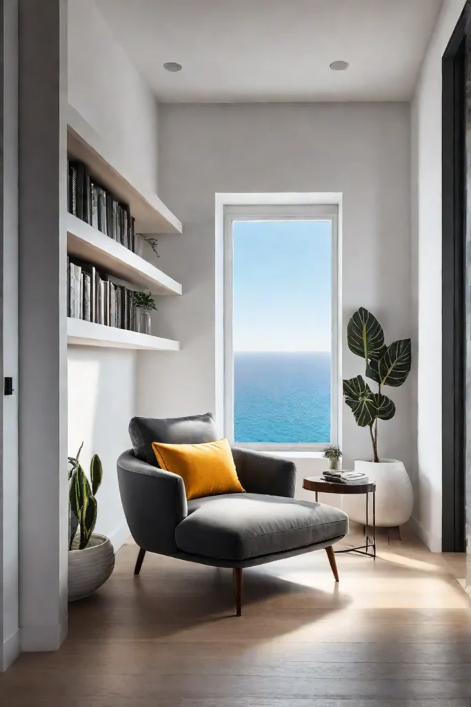 Minimalist reading nook in an alcove with an armchair and floating shelves