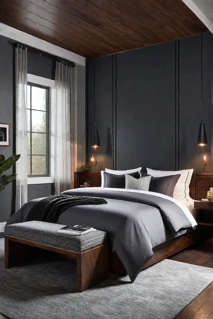 Modern and inviting bedroom with a gray paint finish and a dark