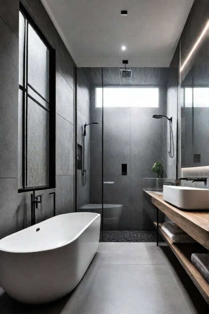 Modern bathroom with a large walkin shower featuring gray porcelain tiles