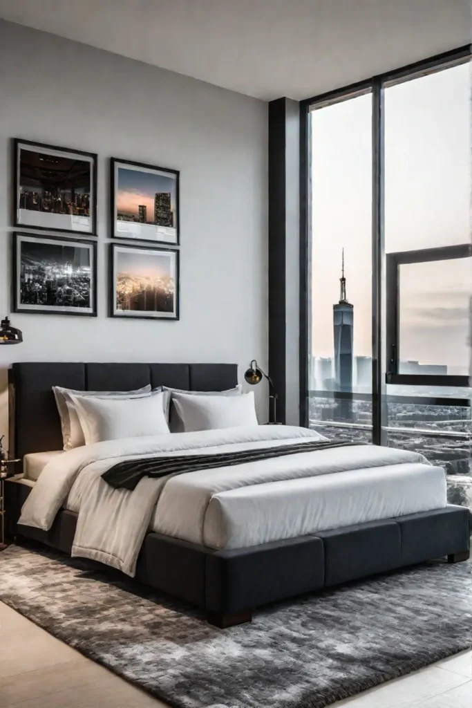 Modern bedroom with balcony and city skyline views
