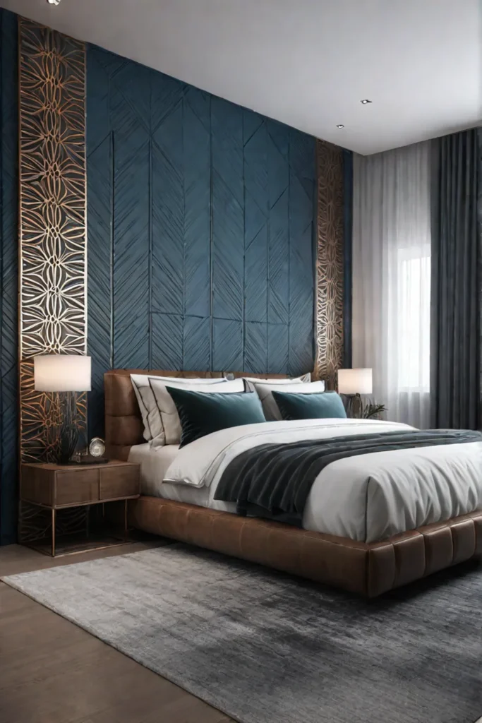 Modern bedroom with bold accent wall and geometric pattern 1