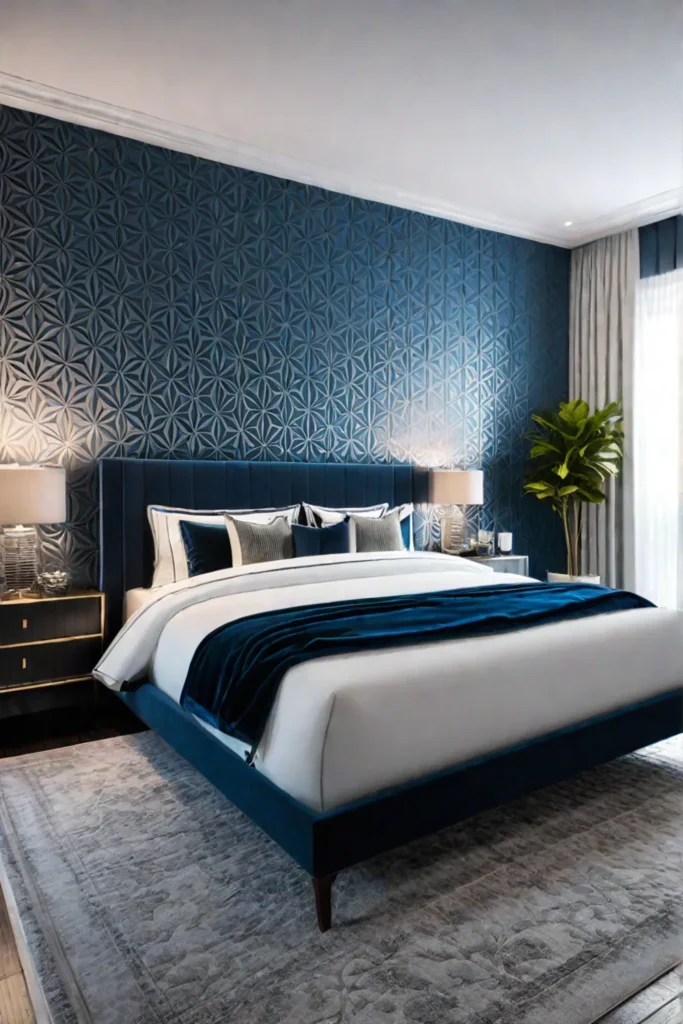 Modern bedroom with bold accent wall and geometric wallpaper