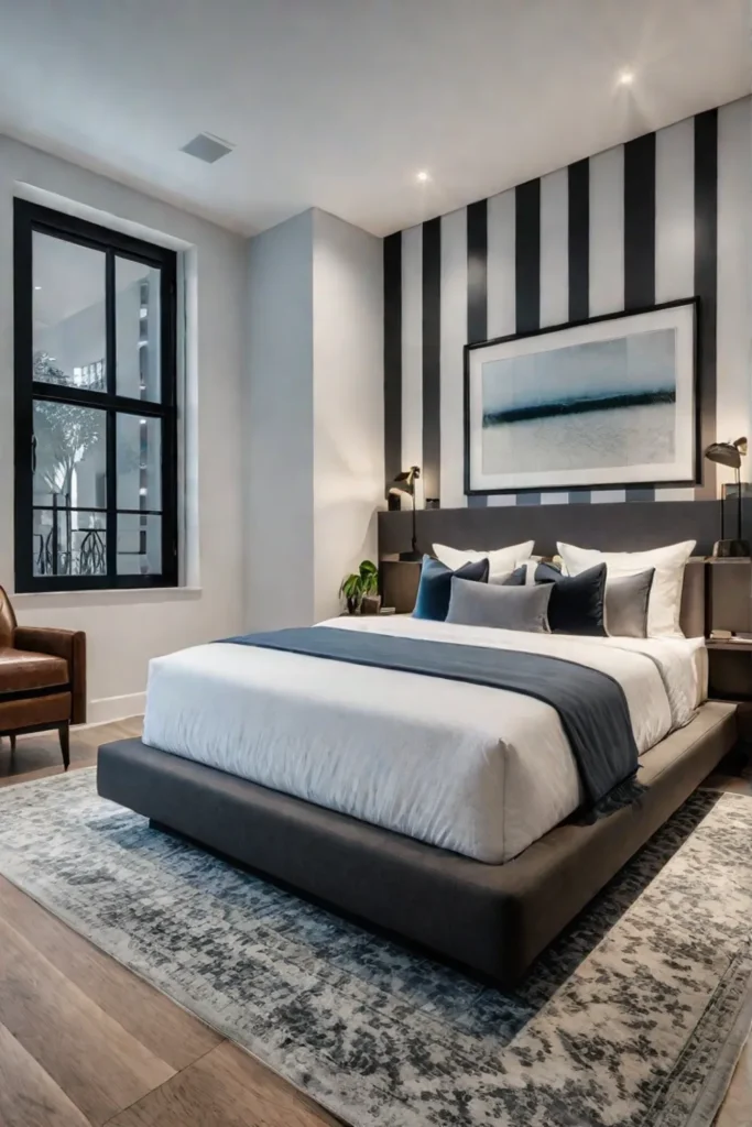 Modern bedroom with builtin headboard and floating nightstand