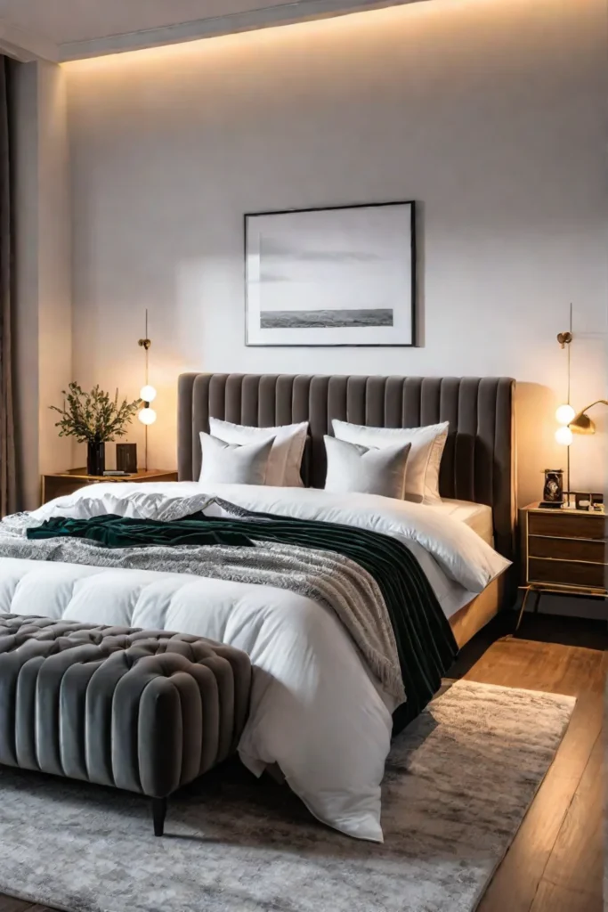 Modern bedroom with cozy velvet headboard