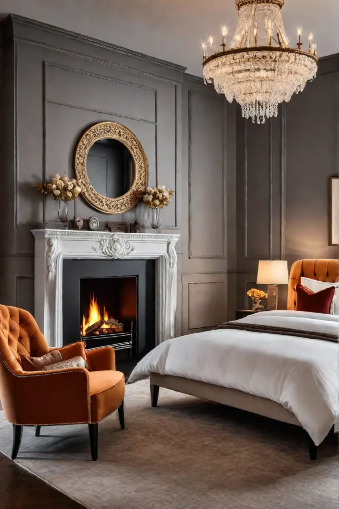 Modern bedroom with fireplace and armchairs