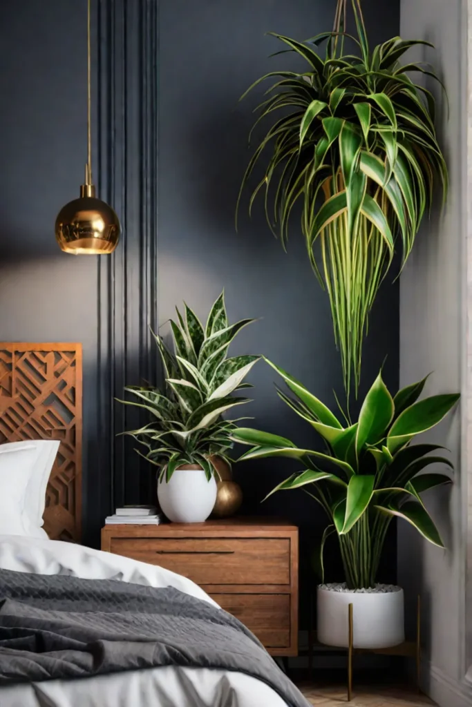 Modern bedroom with geometric headboard and plants
