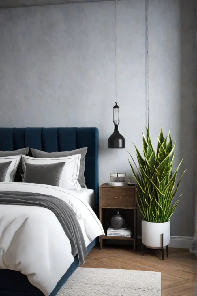 Modern bedroom with hanging ivy and snake plant
