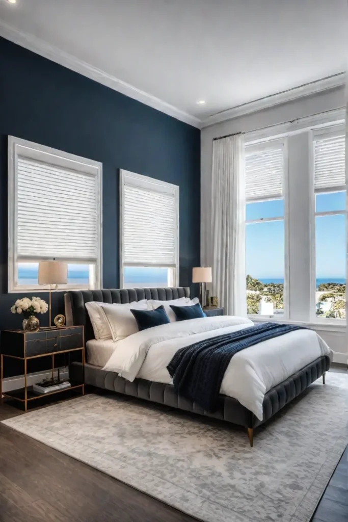 Modern bedroom with large window and neutral color palette