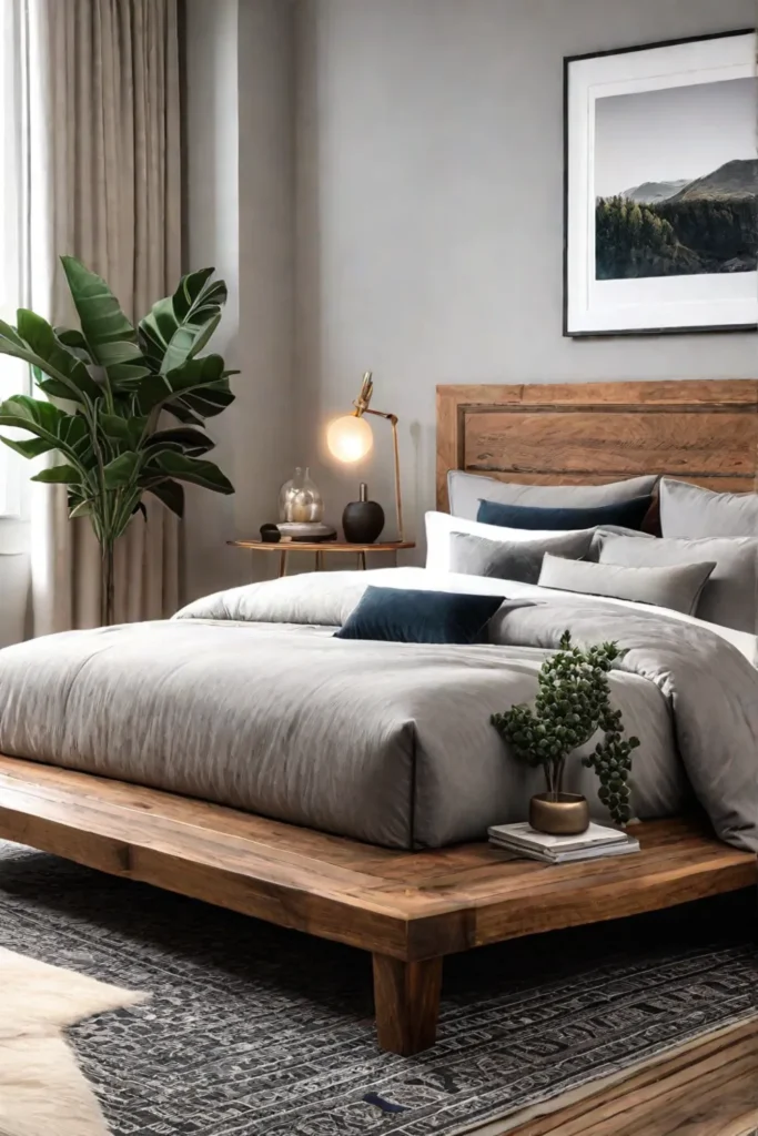 Modern bedroom with natural elements and cozy ambiance