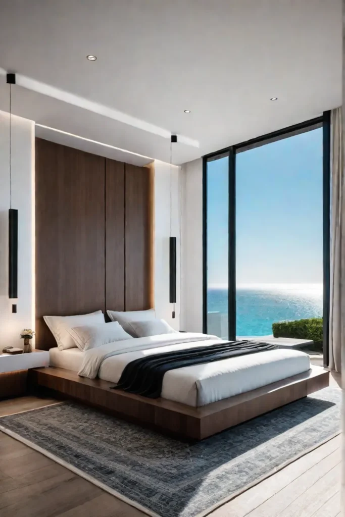 Modern bedroom with ocean view and crisp white linens