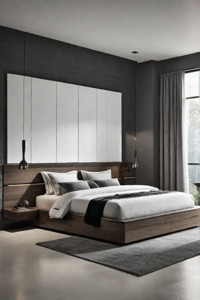 Modern bedroom with platform bed and builtin storage