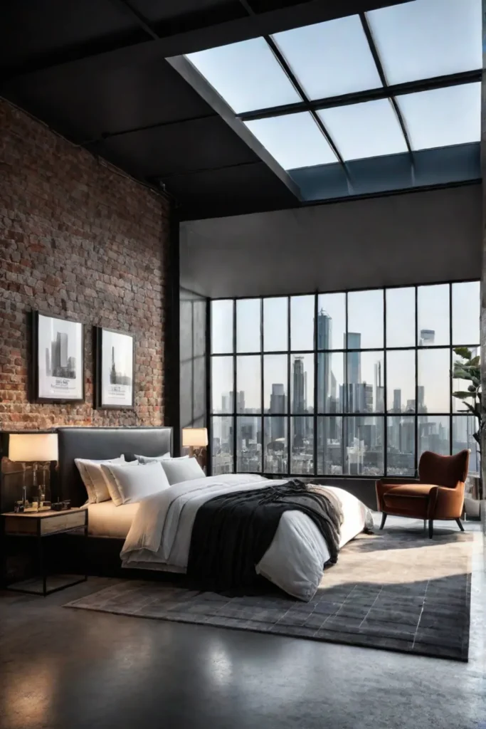 Modern industrial bedroom with exposed brick walls and concrete floors