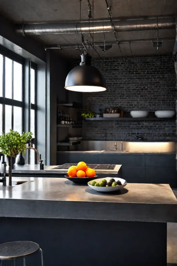 Modern industrial kitchen with stainless steel island countertop
