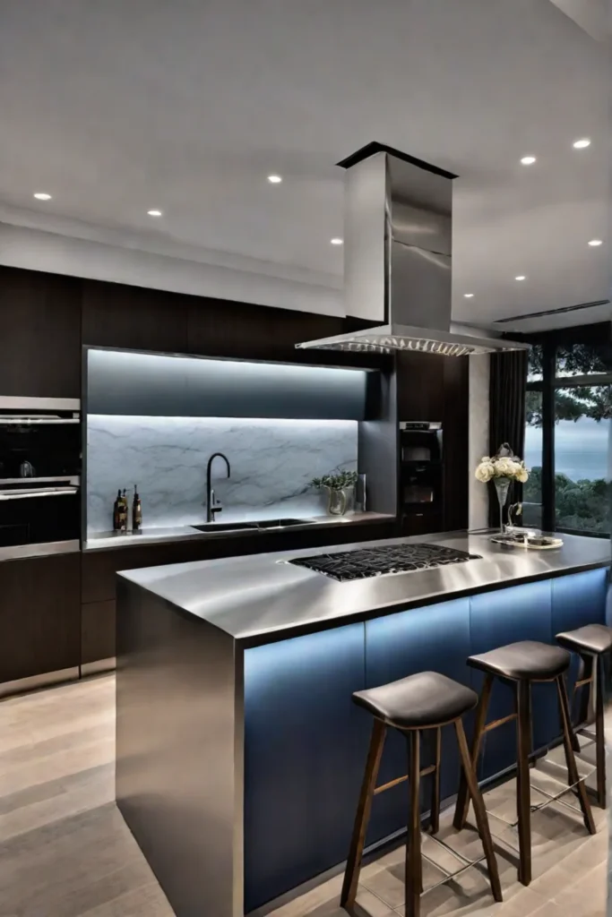 Modern kitchen island with stainless steel countertop and range hood