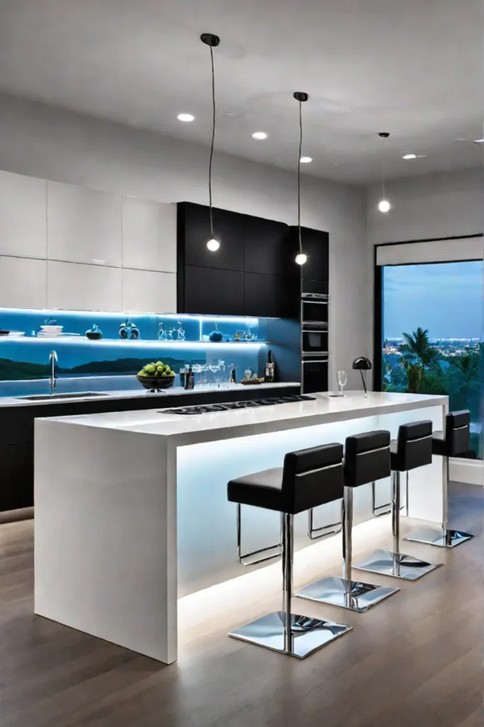 Modern kitchen island with waterfall countertop and charging stations