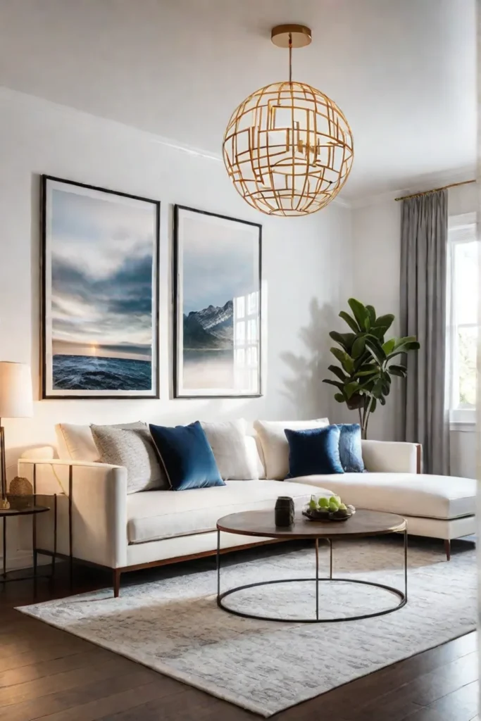 Modern living room with a statement geometric pendant light