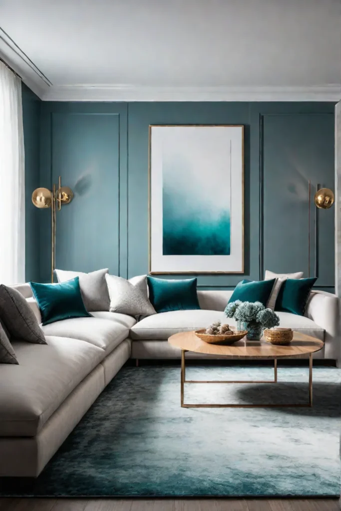 Modern living room with a teal accent wall and neutral furniture