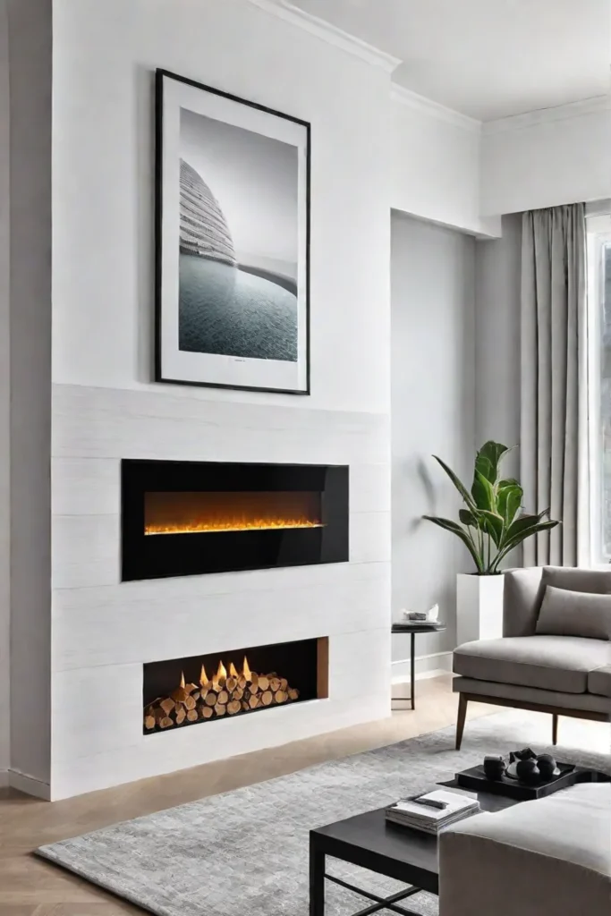 Modern living room with fireplace and minimalist mantel
