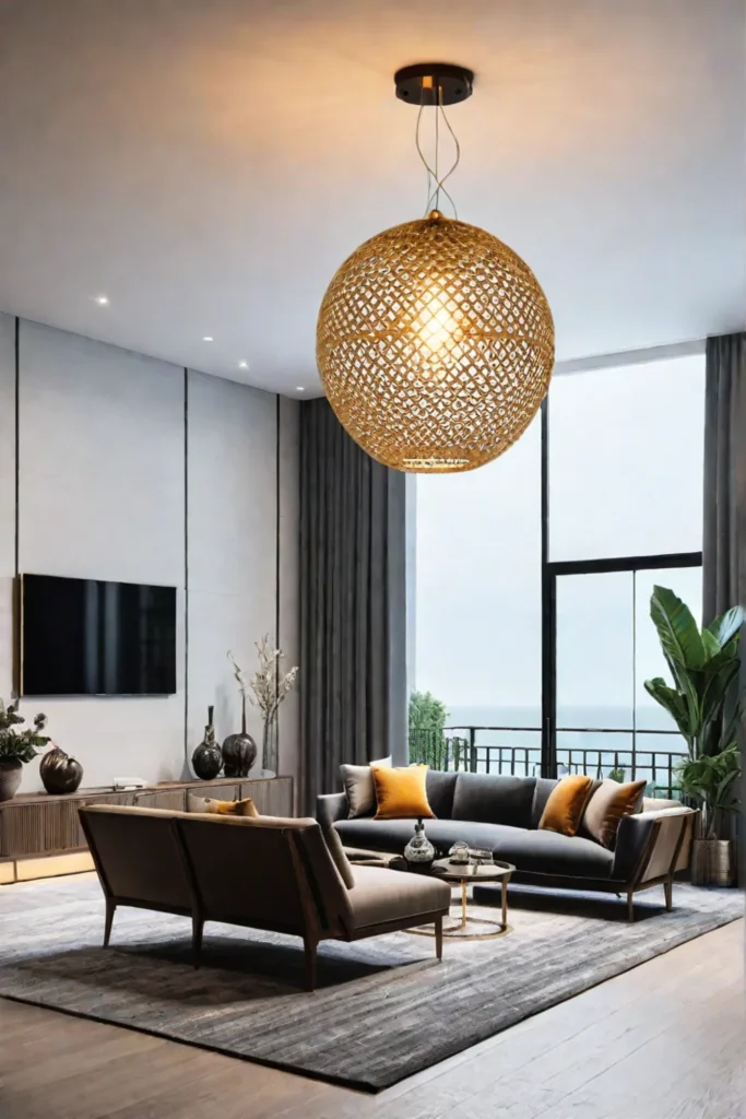 Modern living room with statement pendant light