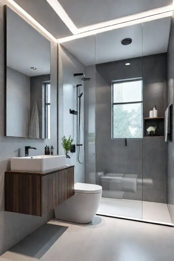 Modern minimalist small bathroom with floating toilet and shower