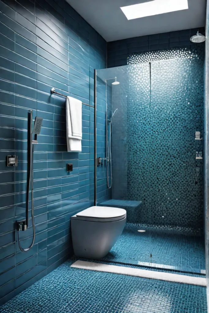 Modern shower stall with grab bars and mosaic tile floor