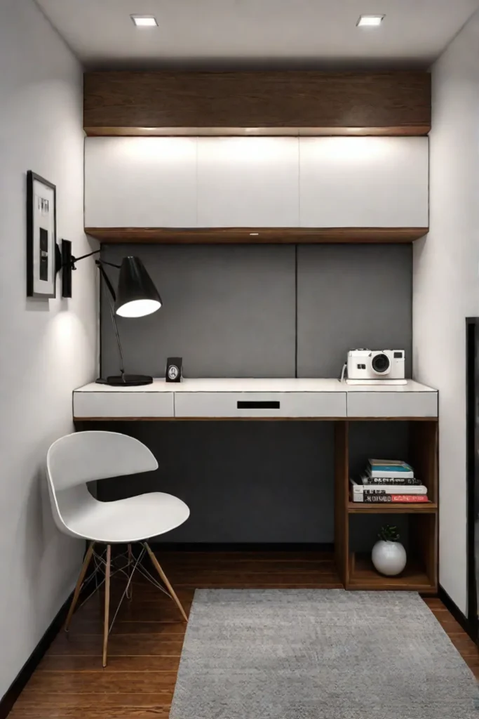 Modern bedroom features a reading nook with a wallmounted desk and shelves