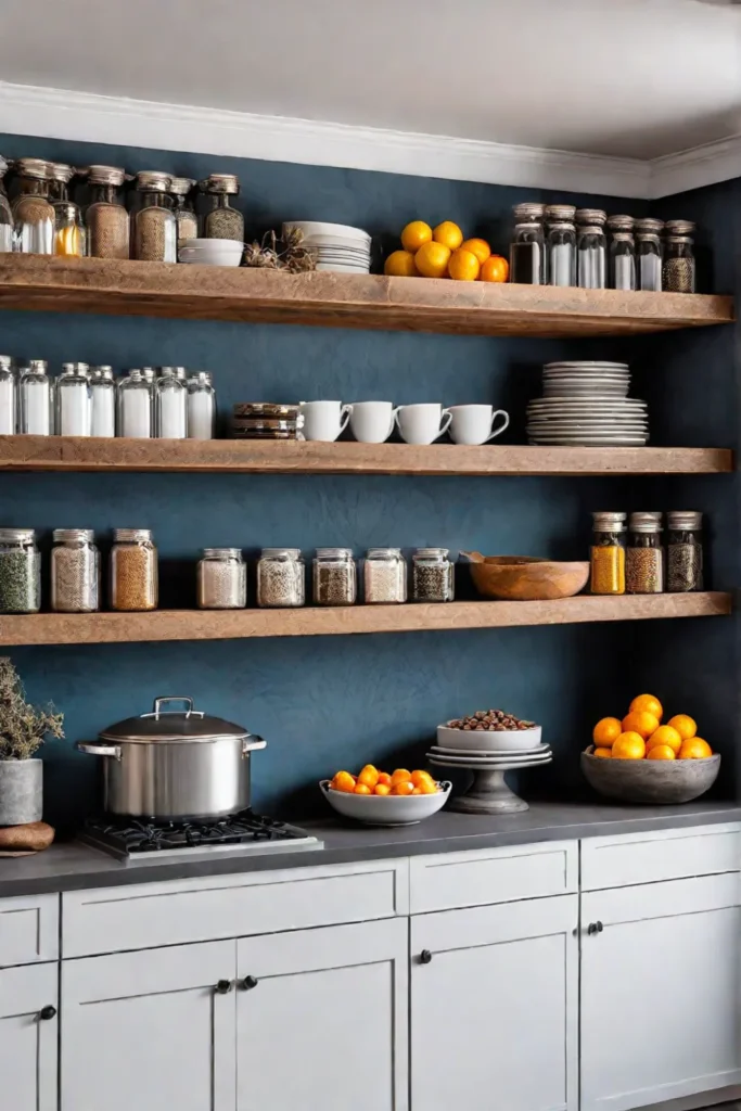 Modern farmhouse kitchen with open shelving made from reclaimed wood