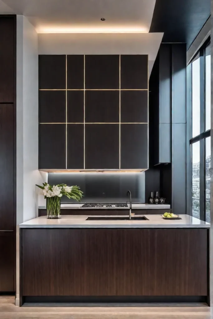 Modern kitchen with dark wood flatpanel cabinets and waterfall countertop