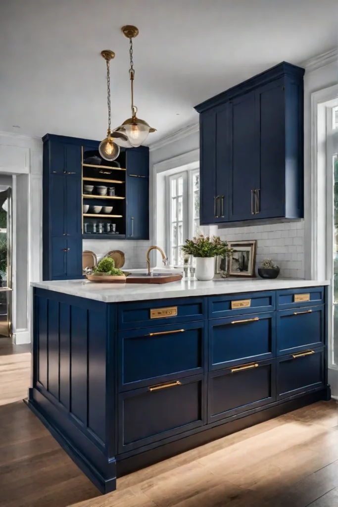 Modern kitchen with navy blue painted cabinets and brass accents