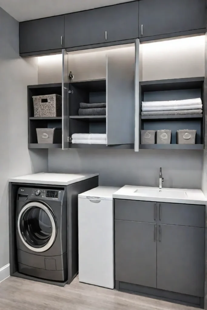Modern laundry room with foldaway drying rack and pullout shelves