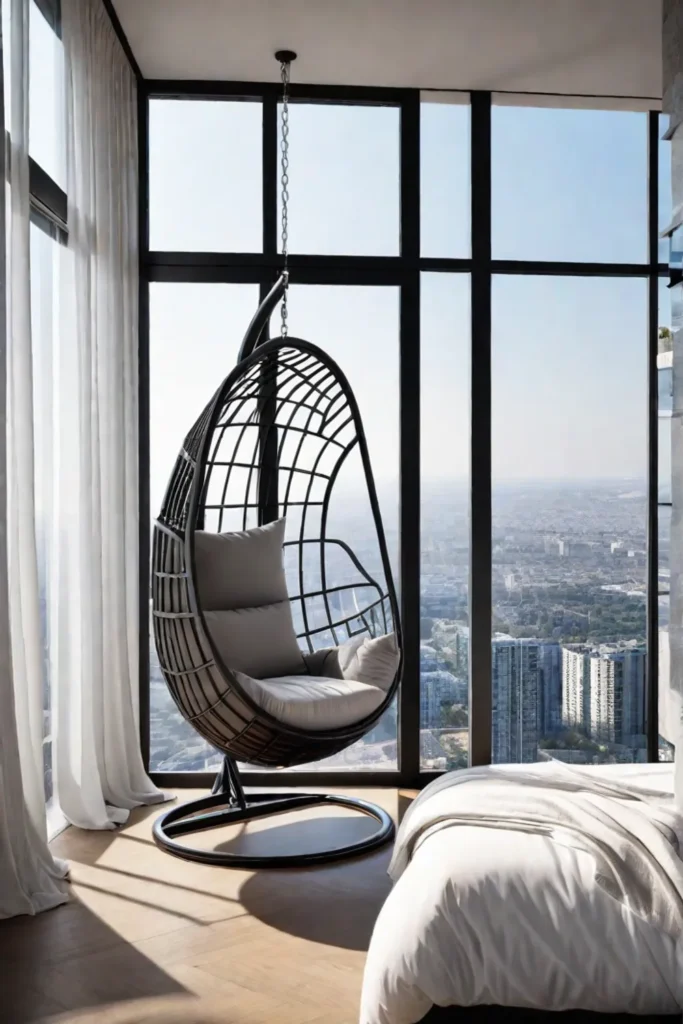 Modern reading nook with a hanging egg chair and city views