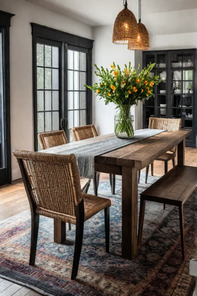 Modernized farmhouse kitchen with reclaimed wood table