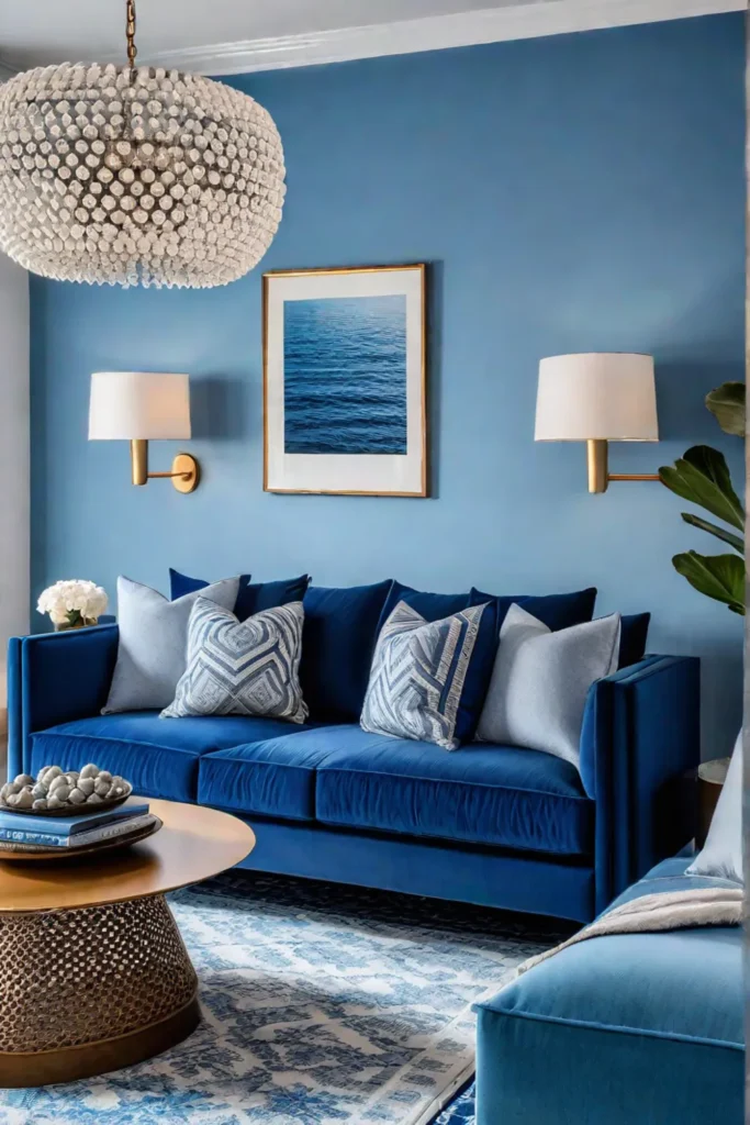 Monochromatic blue color scheme creates a calm and cohesive living room