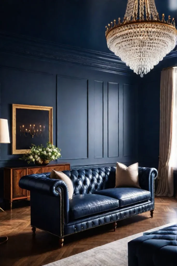 Moody blue living room with leather sofa