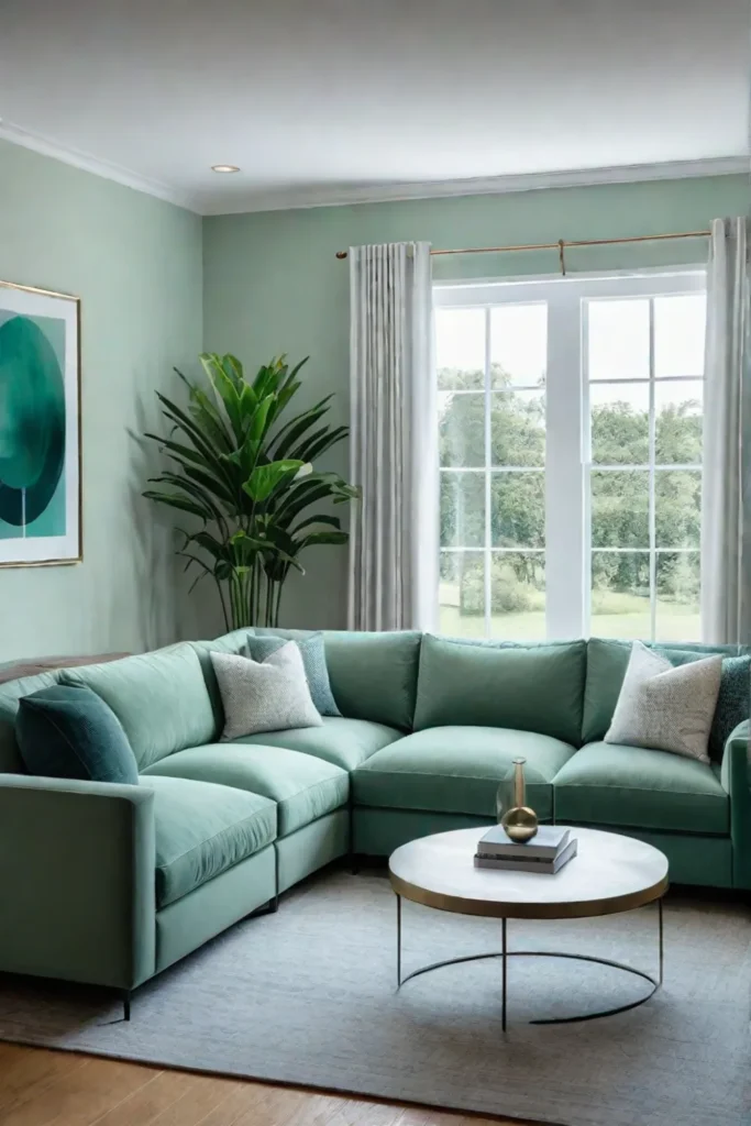 Muted green living room with sectional sofa