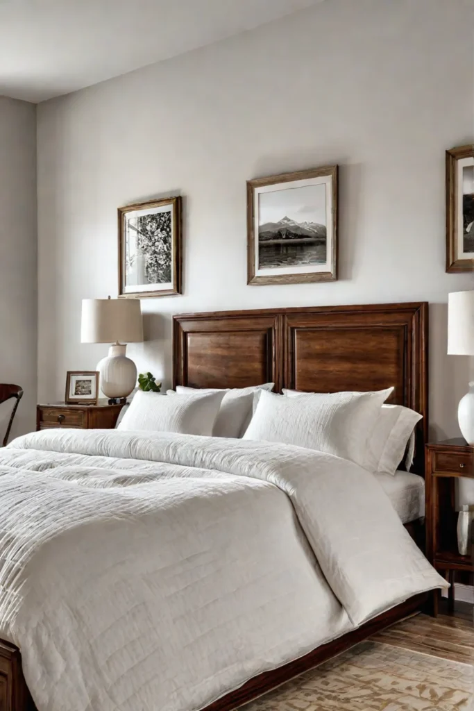 Neutraltoned bedroom with beige walls and white bedspread
