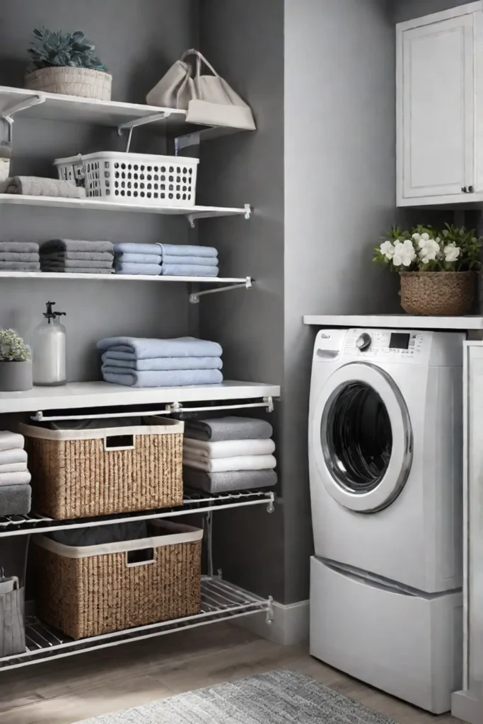 Open and airy laundry room with drying rack above washer and dryer