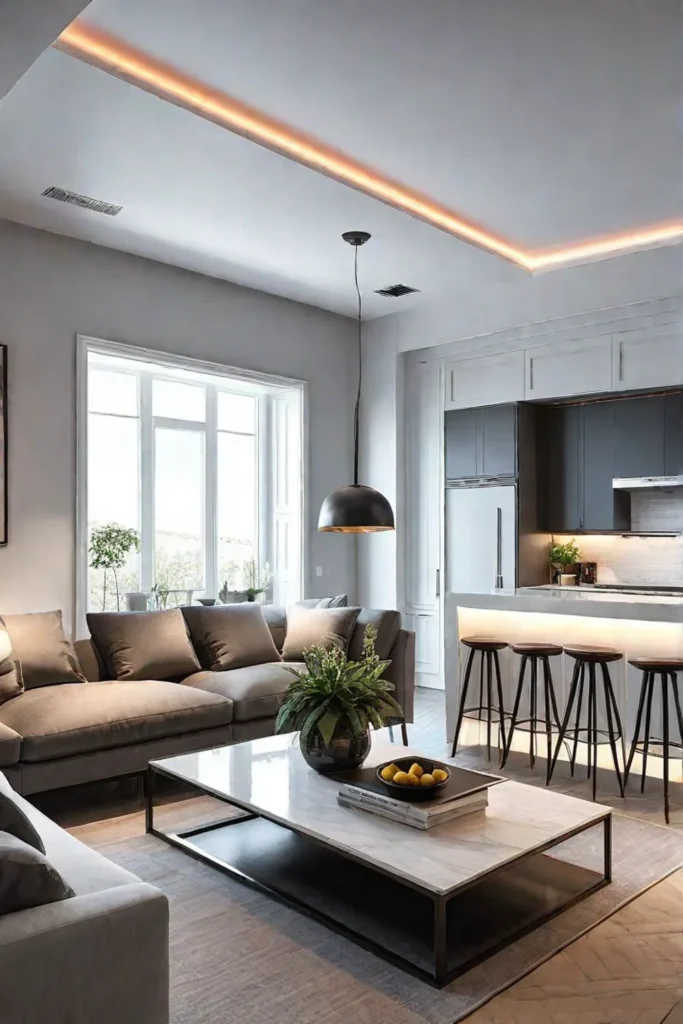 Openplan living room and kitchen with synchronized smart lighting